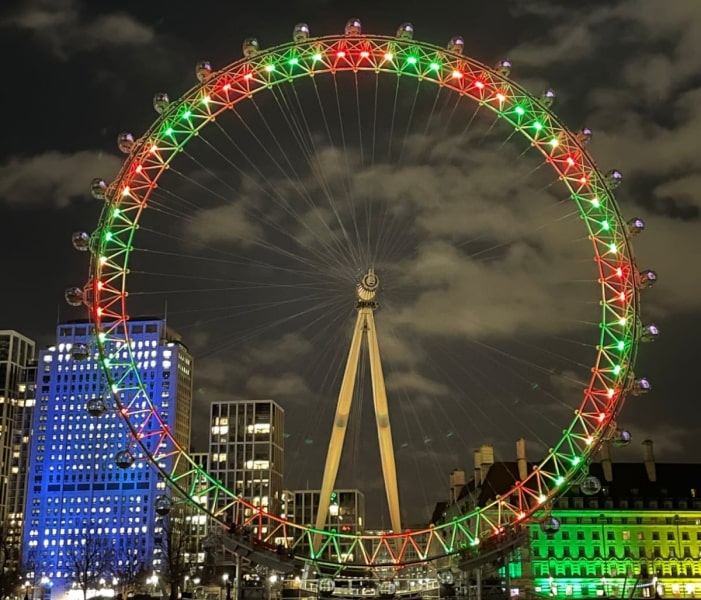 London Eye with red and geen colours